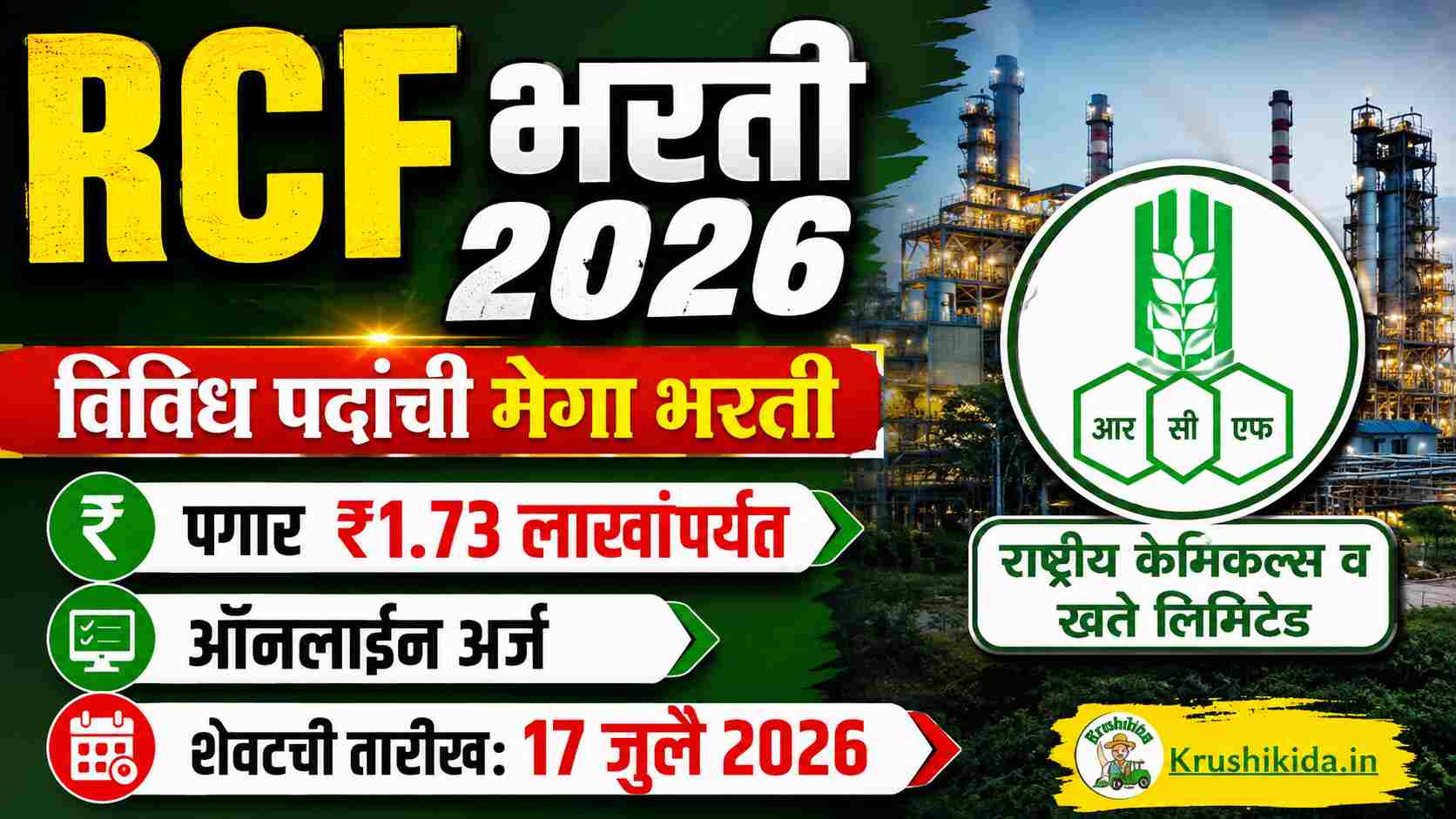 RCFL Bharti 2026: RCF मध्ये विविध पदांची मेगा भरती सुरू! ₹1.73 लाखांपर्यंत पगार | आजच ऑनलाईन अर्ज करा!