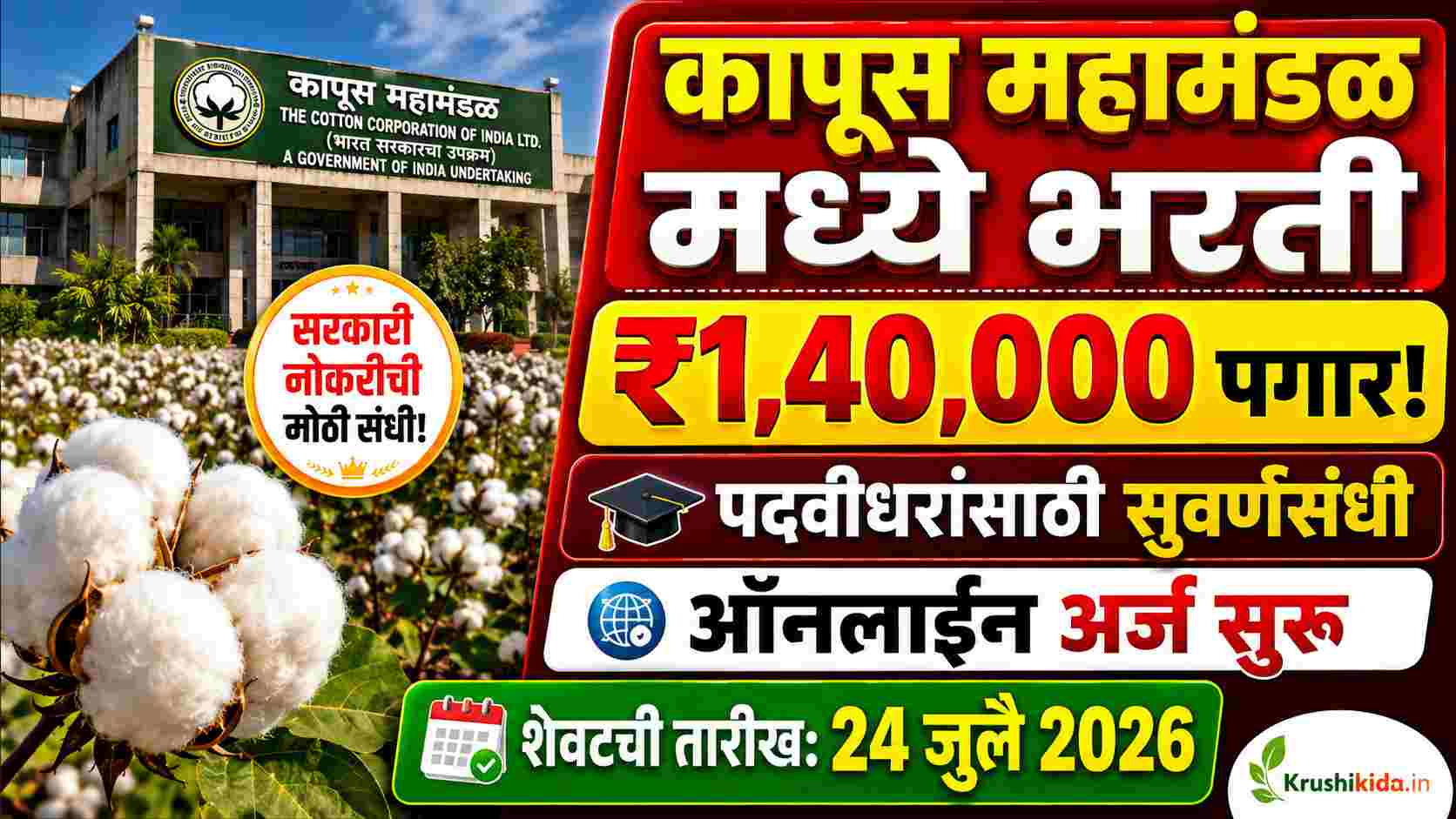 Cotton Corporation Bharti 2026: कापूस महामंडळात 148 जागांची मेगा भरती! 30,000 ते 1,40,000 रुपये पगार | पदवीधरांसाठी सुवर्णसंधी, आजच ऑनलाईन अर्ज करा!