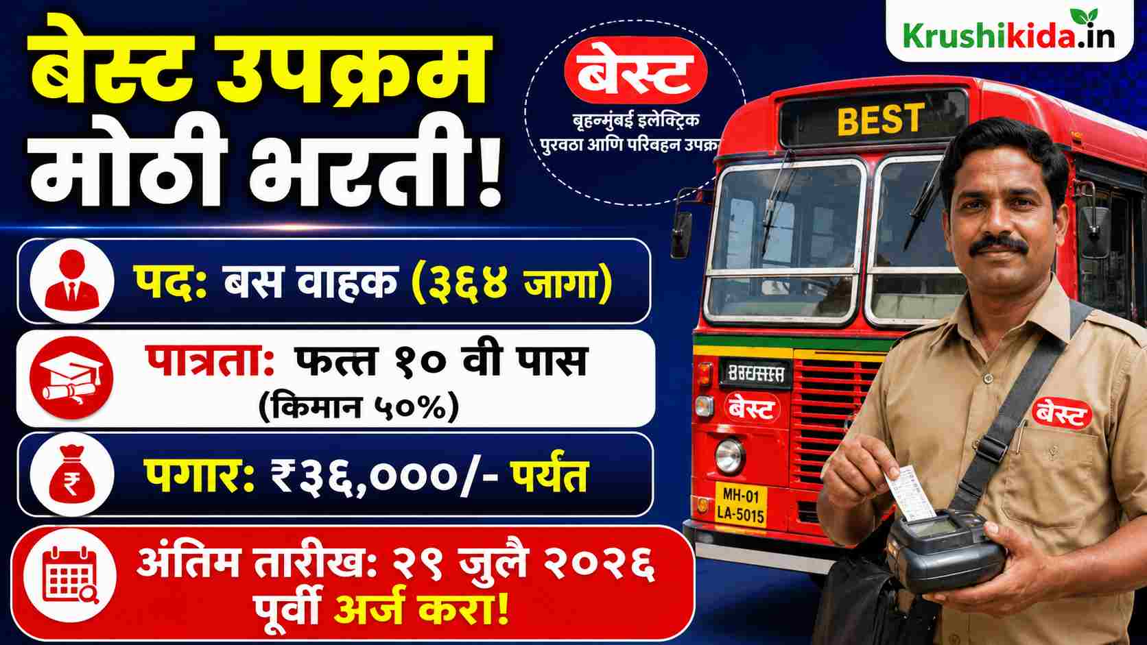 BEST Mumbai Bharti 2026: BEST मध्ये भरती सुरू! फक्त १० वी पास उमेदवारांना सुवर्णसंधी, तब्बल ३६,०००/- पगाराची सरकारी नोकरी; ऑनलाईन अर्ज करा!