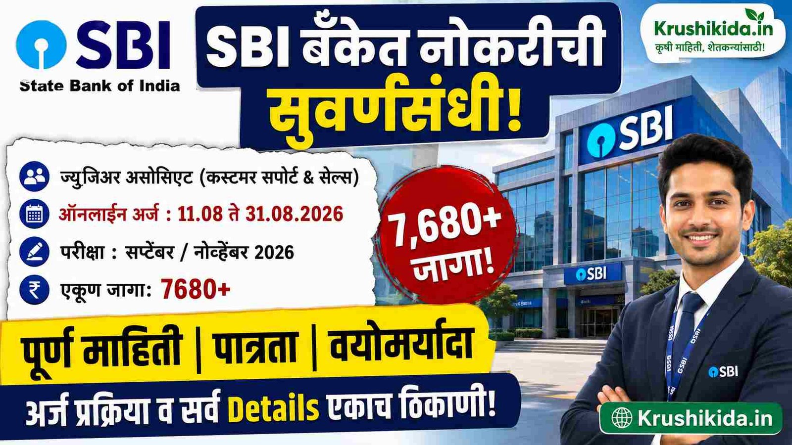 SBI Junior Associate Recruitment 2026 : पदवीधरांसाठी मोठी खुशखबर! SBI मध्ये 7,680 पदांची भरती; ₹46,000 पर्यंत सुरुवातीचे वेतन!