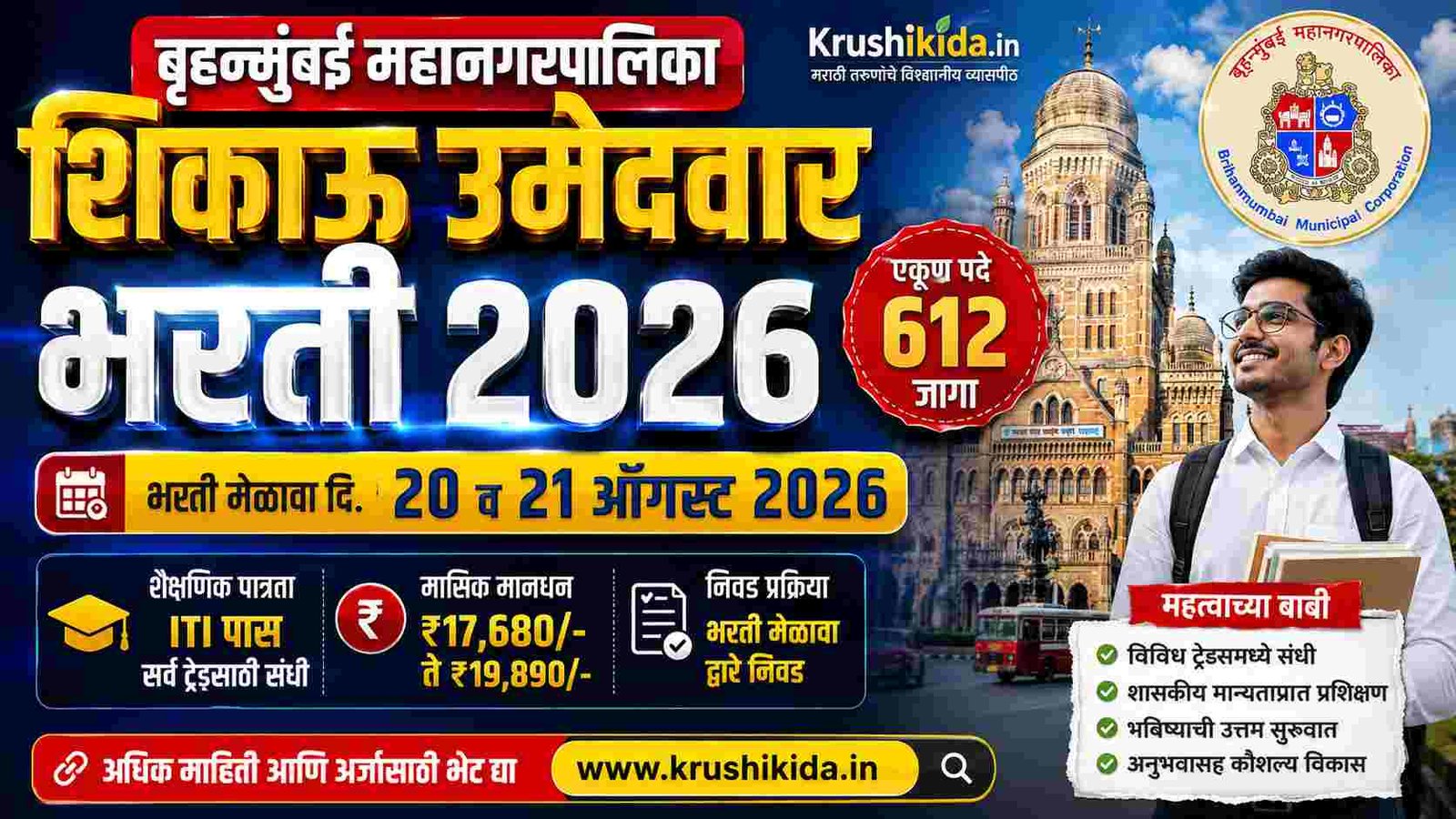 BMC Apprentice Bharti 2026: BMC मध्ये 612 शिकाऊ उमेदवारांची मोठी भरती! ITI उमेदवारांना सुवर्णसंधी; 20-21 ऑगस्टला भरती मेळावा