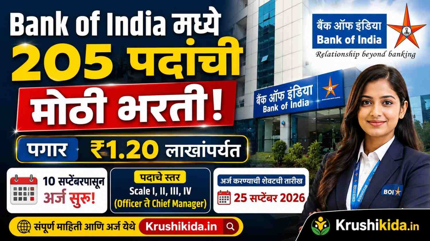 Bank of India Bharti 2026 : Bank of India मध्ये 205 पदांची मोठी भरती! ₹1.20 लाखांपर्यंत Basic Salary — 10 सप्टेंबरपासून अर्ज सुरू!