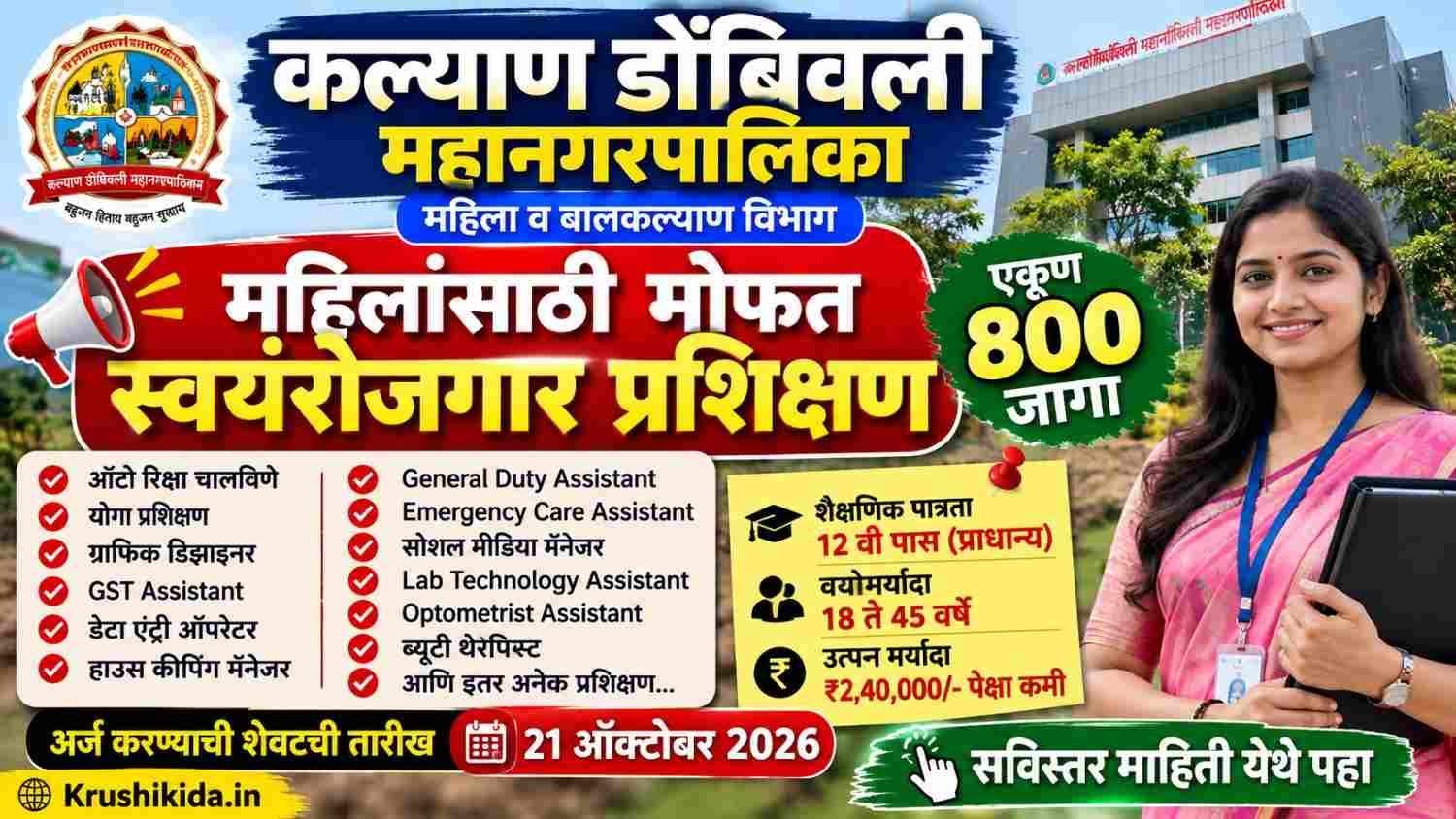 KDMC Women Training 2026 : कल्याण-डोंबिवली महानगरपालिकेत महिलांसाठी मोफत प्रशिक्षणाची संधी! 800 जागा, 12वी पास उमेदवारांना प्राधान्य; लगेच अर्ज करा!
