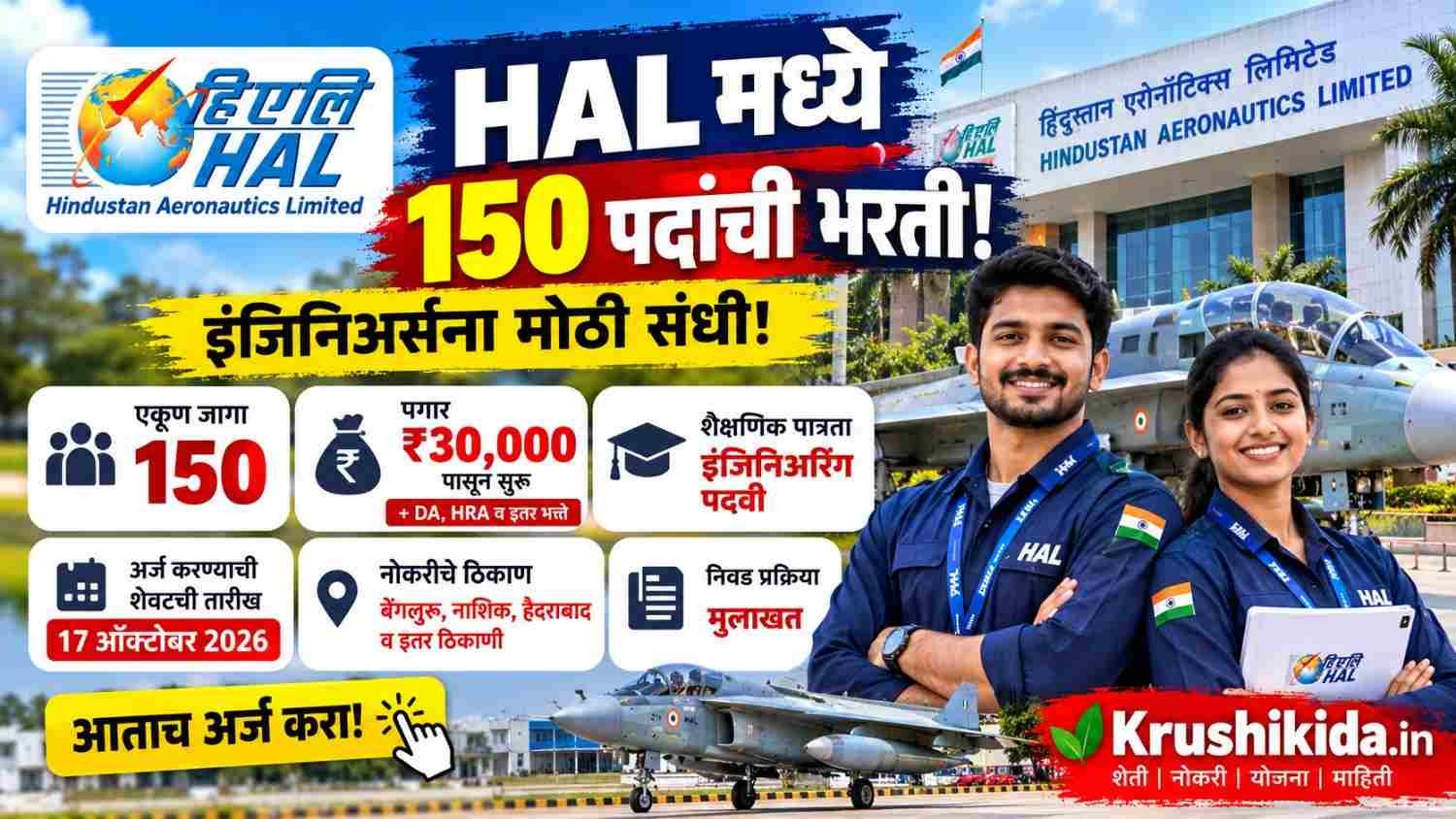 HAL Bharti 2026 : हिंदुस्तान एरोनॉटिक्स लि. मध्ये 150 पदांची भरती! इंजिनिअर्सना संधी; पगार ₹30,000 पासून सुरू! येथे करा अर्ज!